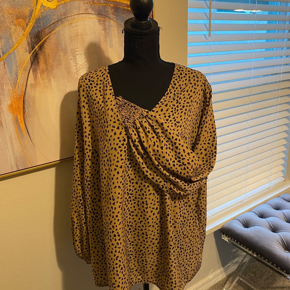 SHEIN Tan Leopard Print V-Neck Blouse